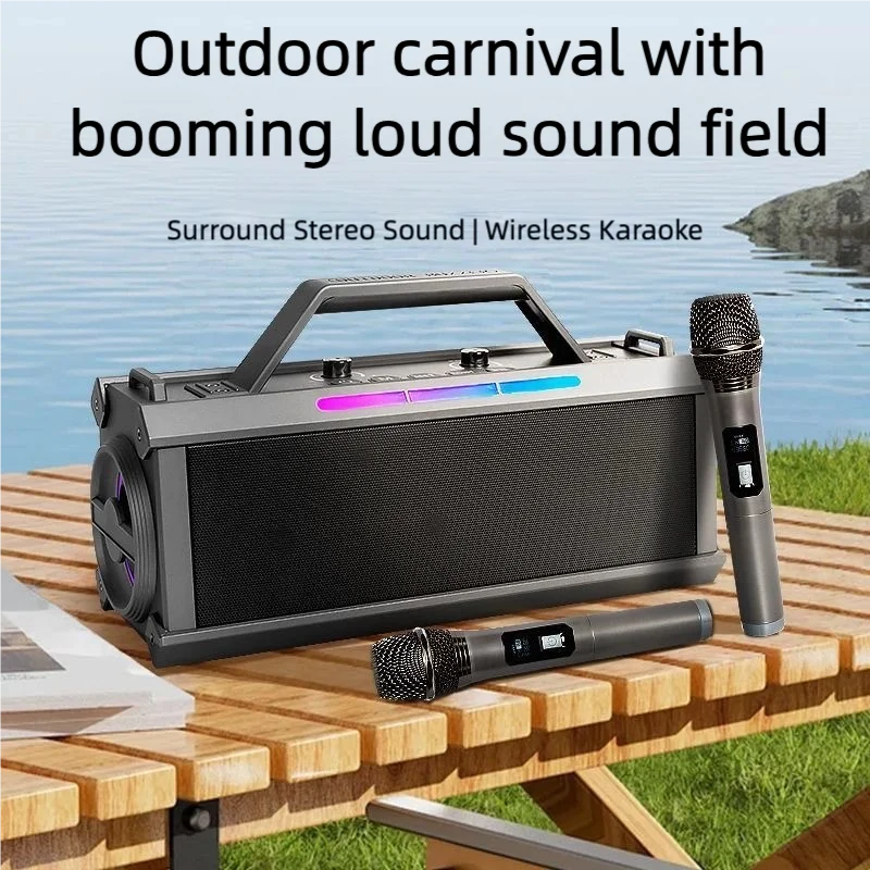Portable Karaoke Machine, with 2 Microphone, Three Echo Levels, Indoor and Outdoor Modes, Deep Bass, Supports AUX, TF, USB